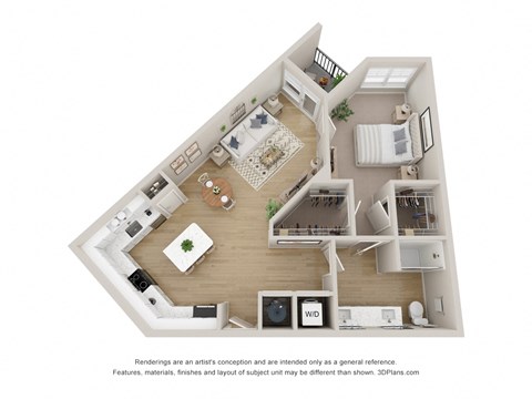 Floor plan for 1 bed, 1 bath, 940 sqft